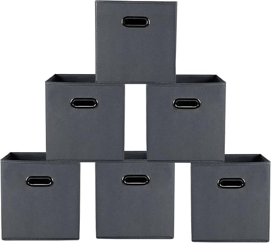 Yunkeeeper storage bins Cubes, Fabric Cube Organizer with Handle, Foldable Cube Bins for Cloth or Accessary Storage, 11x11x11, Set of 6, (Gray)
