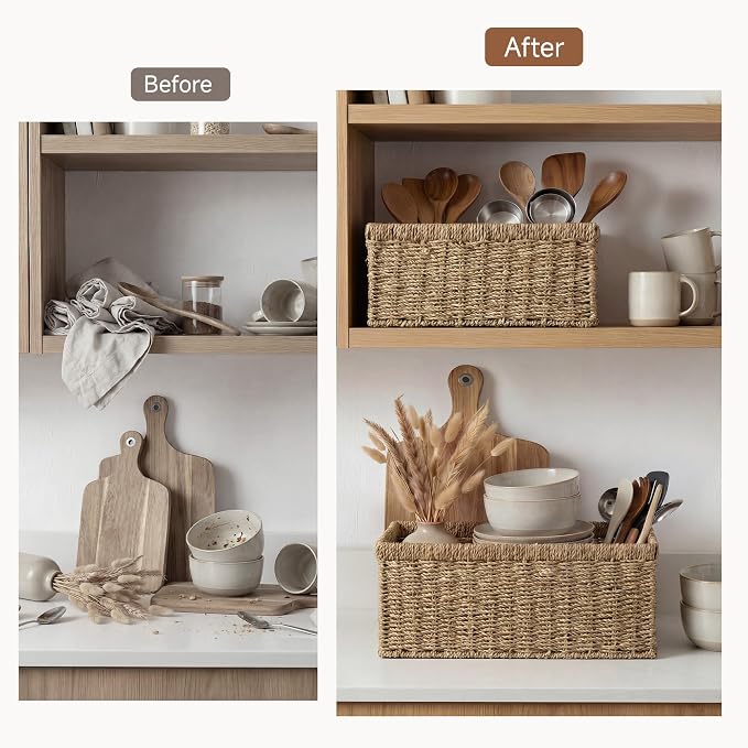 StorageWorks Wicker Storage Baskets, Handwoven Seagrass Basket for Organizing, Decorative Organizers with Built-in Handles, Set of 2