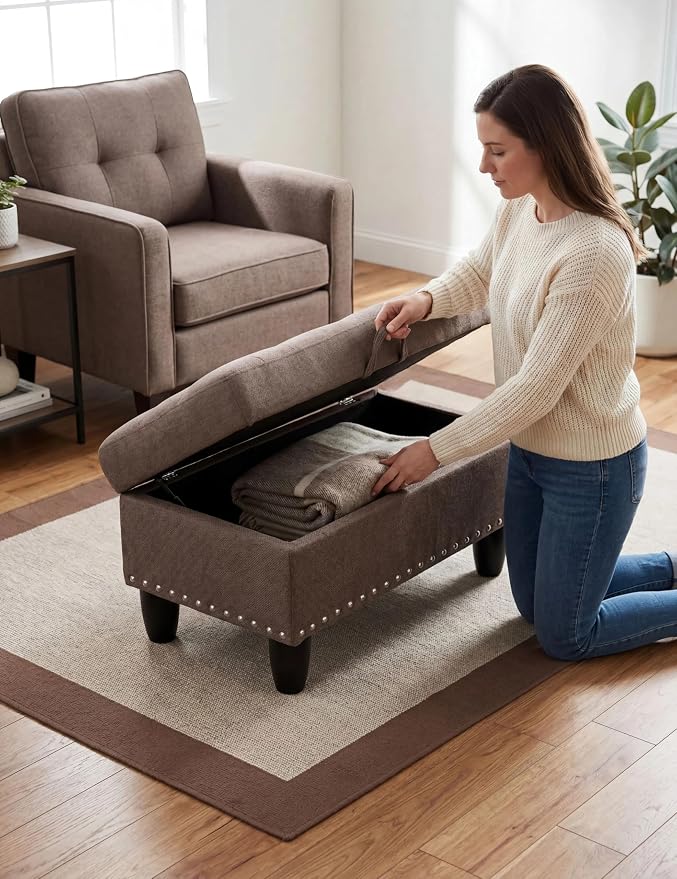 Ottoman with Storage, 28.5 inch Liner Storage Ottoman with Padded Seat, Large Entryway Bench with Solid Wood Frame, Upholstered Sturdy Foot Rest for Living Room, Bedroom, Entryway, Brown