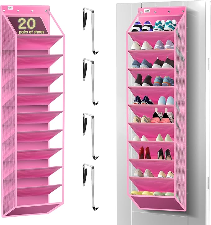 Kotkn 10 Tier Over The Door Organizer - Heavy Duty Hanging Storage Rack with Sturdy Oxford Fabric, Holds 20+ Pairs of Footwear, Boots & Sneakers, Saves 50% Closet Space! (Pink)