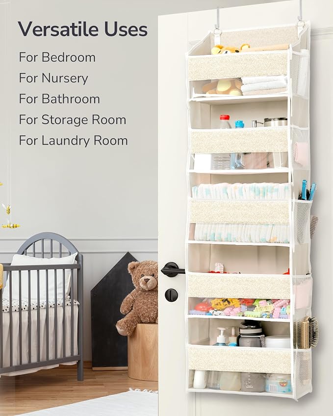 ULG 1 Pack Over Door Organizer with 5 Large Pockets 10 Mesh Side Pockets, Upgraded Linen Texture Over The Door Storage, 44 lbs Weight Capacity Hanging Storage Organizer, Ivory