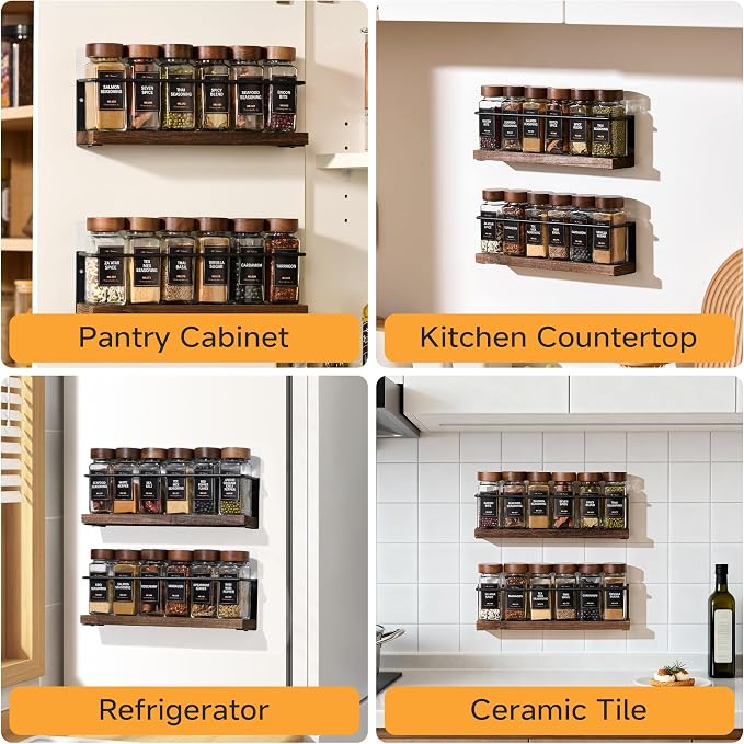 2-Tier Wall Mount Spice Rack Organizer with 12 Glass Jars, 216 Labels & Funnel - Screw/Adhesive Mount, Black Metal & Wood Spice Storage for Kitchen Pantry Cabinet, 11.6”L x 2.4”W x 3.2”H