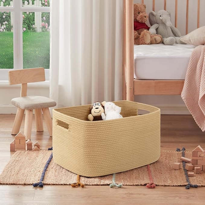 OIAHOMY 75L Large Blanket Basket, Woven Cotton Rope Baskets for Organizing 22”x17”x12”, Blanket Basket living Room, Toy Storage Bins for Nursery, Green