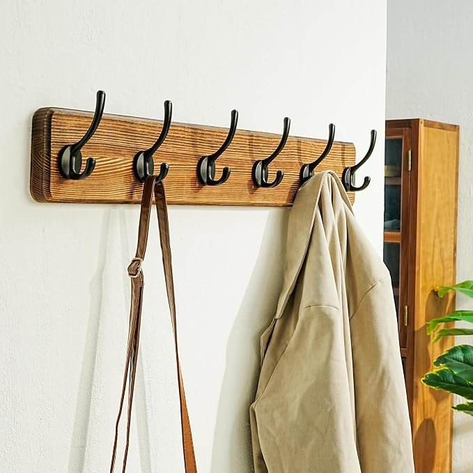 Coat Rack Wall: 24" Long, Patented, Heavy-Duty, 6-Double-Hooks Wooden Wall Mounted Coat Rack Coat Hanger Hook Rail for Winter Coats Hat Jacket Clothing, Natural & Black