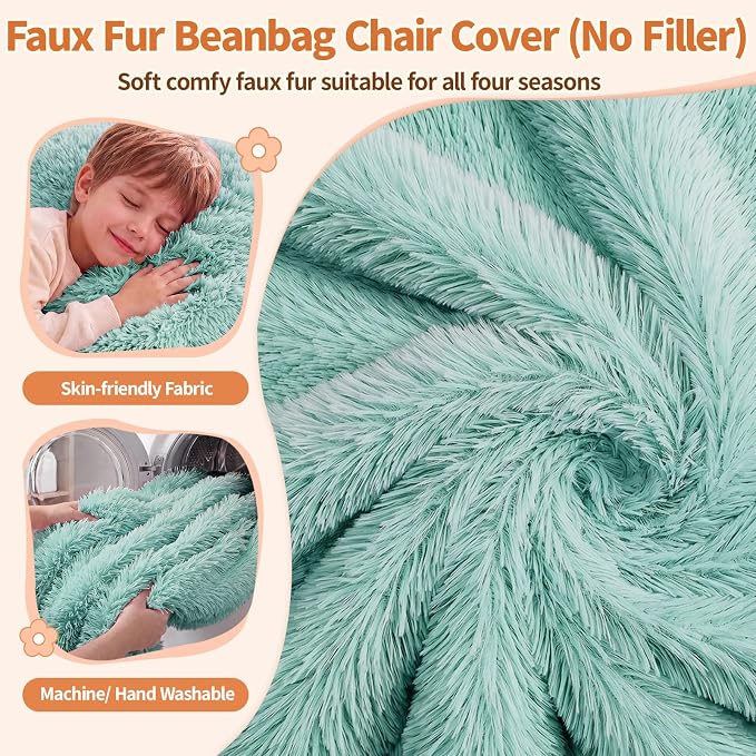Stuffed Animal Storage Bean Bag Chair Cover, Soft Bean Bag Cover | Fluffy Faux Fur Stuffed Animal Storage Chair, Non-Slip Bottom, Fill with Plush Toys or Blankets, for Kids Teens Adults Girls