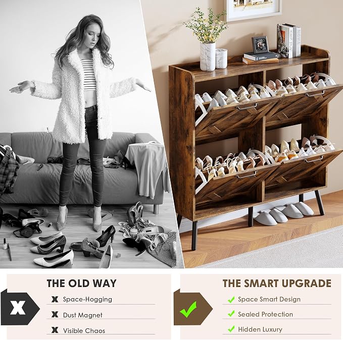 Nicetree Shoe Cabinet Storage for Entryway, Freestanding Shoe Storage Cabinet, Farmhouse Narrow Shoe Rack Cabinet for Entryway, Foyer, Hallway, Shoe Cabinet 4 Flip Drawers