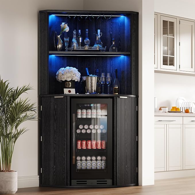 kepptory 71" Extra Large Triangle Corner Bar Cabinet with Mini Fridge Space | Full RGB LED Liquor Cabinet with Wine Glass Rack, Oversized Fluted Storage Buffet for Living Room Kitchen
