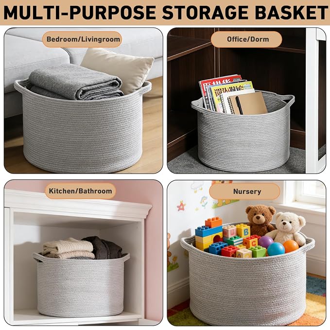 115L Extra Large Blanket Basket,Woven Laundry Basket-Light Grey | Collapsible, reinforced handles, nursery storage bin organizes clothes, toys and pillows for living room, bedroom bathroom