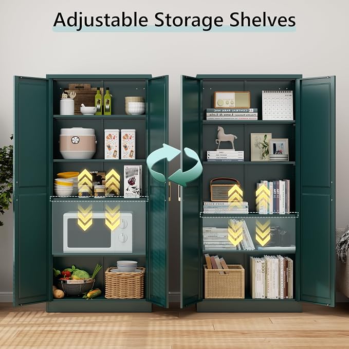 71" Tall Green Metal Storage Cabinet with Doors, Heavy Duty | Freestanding Steel Kitchen Pantry Cabinet, 4 Adjustable Shelves (180 Lbs Load), Tall Cabinets for Home, Laundry and Bathroom