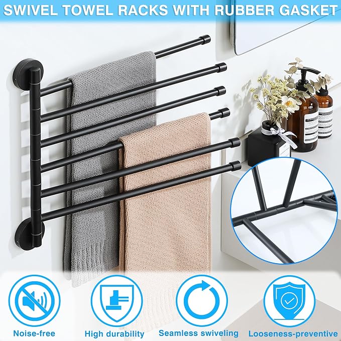 Alise Swivel Towel Rack 13.9", 6 Arm Swing Out Towel Bar, Matte Black | Space Saving Swing Arm Towel Rack for Bathroom Kitchen, 180° Rotating, SUS304 Stainless Steel