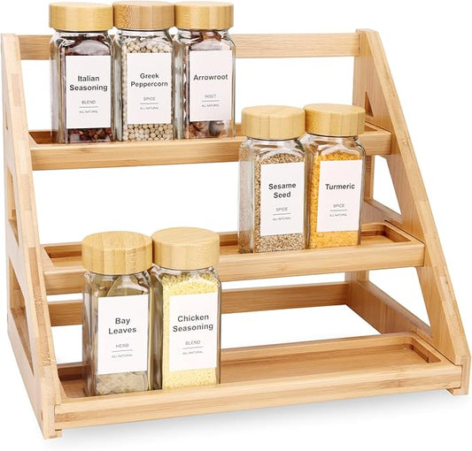 Spice Rack, Spice Organizer -3 Tier Bamboo Spice Racks, Solution for Spice Storage in Kitchens, Countertops，Storage Rooms and Other Places
