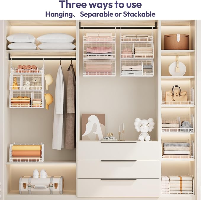 SWTYMIKI Hanging Closet Organizer Storage - 3 Tier Metal Stackable Hanging Closet Shelves with Dividers and S Hooks, Foldable Clothes Shelves for Clothes, Pants, Shoes, Coat, Hats Clutches Accessories