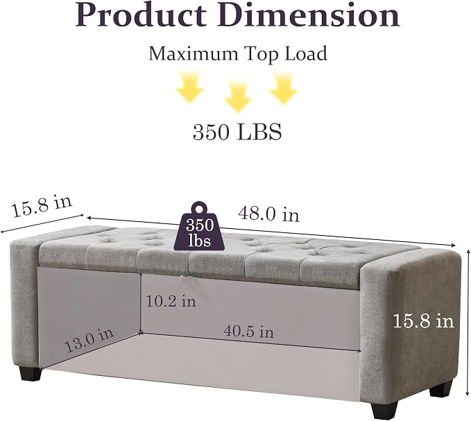 Royal Windsor 48" Ottoman with Storage,Tufted Storage Bench with Safety Hinge,Holds up to 350 lb,Upholstered Bench with Seating for Bedroom,Living Room,Entryway,Linen Light Gray
