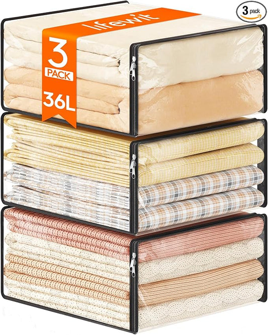 Lifewit 36L Clear Sheet Storage Bags with Zipper 3 Pack, Plastic Sweater Storage Bins for Clothing, Vinyl Foldable Clothes Containers Organizers for Closet, Blankets, Bedding 17.7 x 15.7 x 7.9 Inch