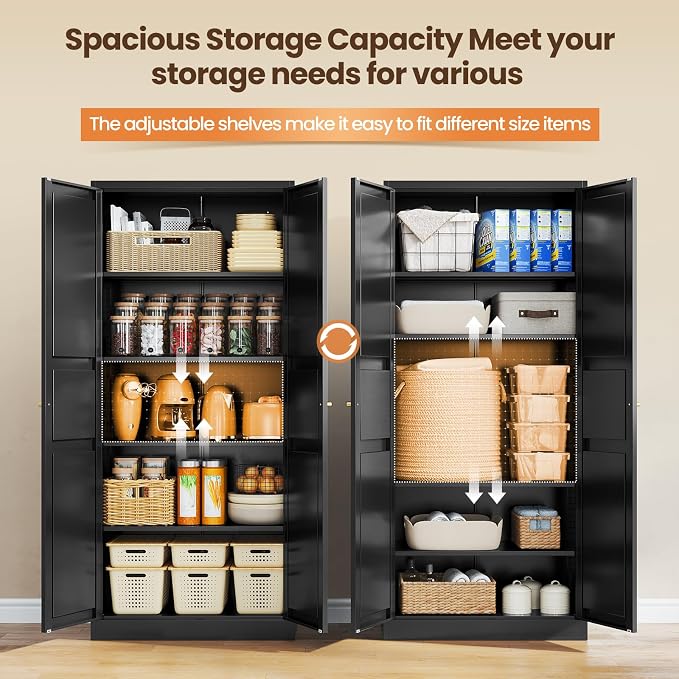 Yizosh Metal Storage Cabinet with 2 Doors and 5 Adjustable Shelves - 71" Black Kitchen Pantry Storage Cabinet, 5-Tier Tall Steel Cabinet Locker for Kitchen, Living Room, Dining Room