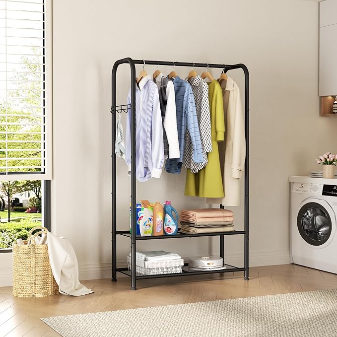 SINGAYE Wardrobe Standing Closet Clothing Rack With Shelf Hanging Clothes | Wardrobe Open Compact Small Metal Garment Hanger Stand Alone Free Standing Black Closet Rack Storage Organizer Heavy Duty
