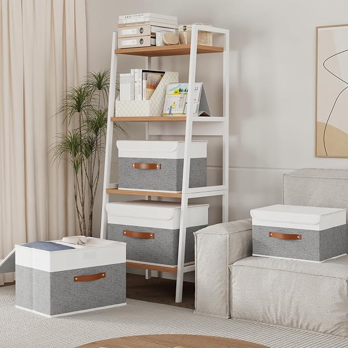 Yawinhe Collapsible Storage Bins,White/Grey,13.0x9.0x7.9in,1-Pack | Fabric Storage Box with Lids, Washable Cube Organizer Basket; Fabric Container with Leather Handle,Closet Organizer for Home