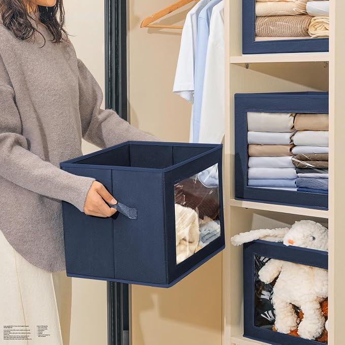 Homsorout Stackable Storage Bins with Lids - Large Storage Box with Lids, Foldable Closet Boxes for Organizing, Wardrobe Clothes Organizer with Window, Cubes Bins for Living Room, 6 Pack, Navy Blue
