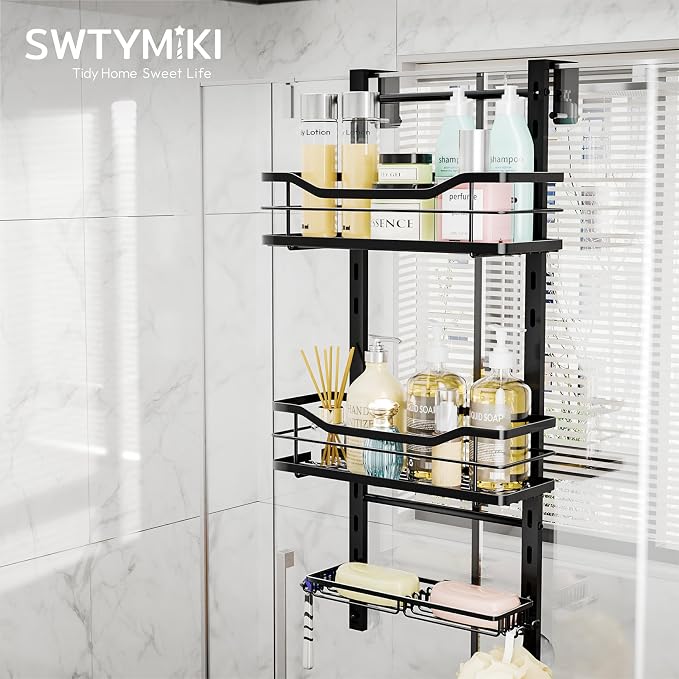 SWTYMIKI Over the Door Shower Caddy - 3 Tier Adjustable Shower Organizer Hanging with Soap Holder, No Drilling Stainless Steel Bathroom Rack Hanging for Body Wash, Shampoo, Soap, Razor, Black