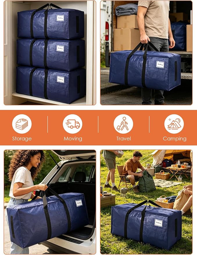SWEET DOLPHIN 8 Pack 200LB Heavy-Duty Moving Bags with Wrap-Around Handles, Extra Large Storage Totes for Space Saving, Clothes Storage Bags, College Dorm Essentials, Blue, 24 Gal