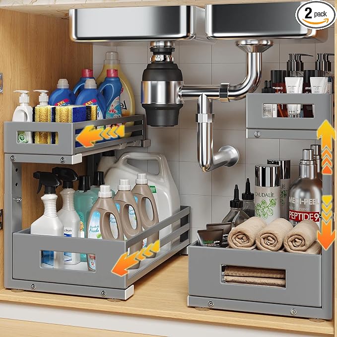 2-Pack Under Sink Organizers and Storage,2-Tier L Shape Pull Out Cabinet Organizer With Round Tube Slide Rails,Hight Adjustable Slide Out Drawers for Kitchen&Bathroom,Multi-Purpose Storage Shelf-Gray