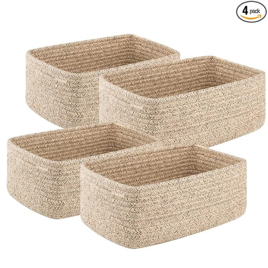 OIASKET 4 Pack Small Storage Shelf Baskets for Organizing, Mini Woven Rope Storage Bins for Towels, Cute Decorative Closet Organizer，Baby Nursery, Gift Empty Baskets -13''Lx8.66''Wx5.11''H-Brown