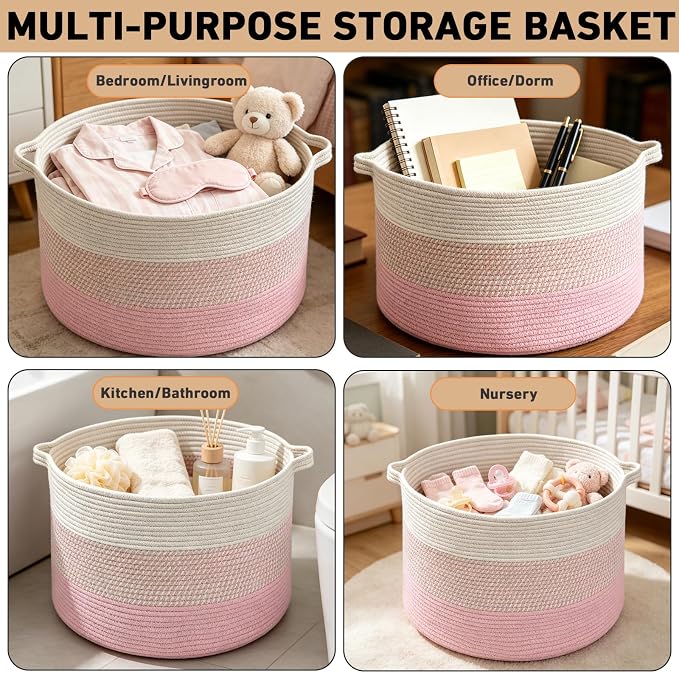 115L Extra Large Blanket Basket,Woven Laundry Basket-Mixed Pink | Collapsible, reinforced handles, nursery storage bin organizes clothes, toys and pillows for living room, bedroom bathroom