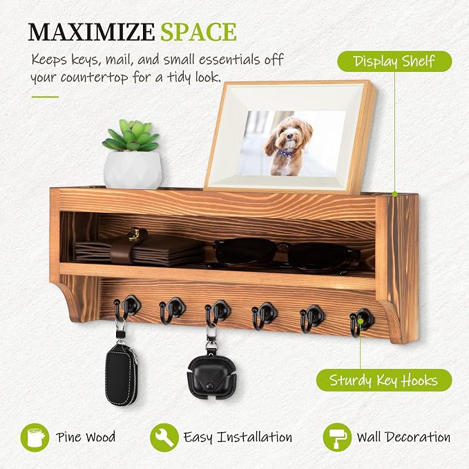 Nekon Key Holder Wall Mount, 12.8" W x 5.6" H x 3.7" D Wall Mounted Key and Mail Organizer with 6 Key Hooks, Key Racks for Home Entryway Decor (Light Brown)
