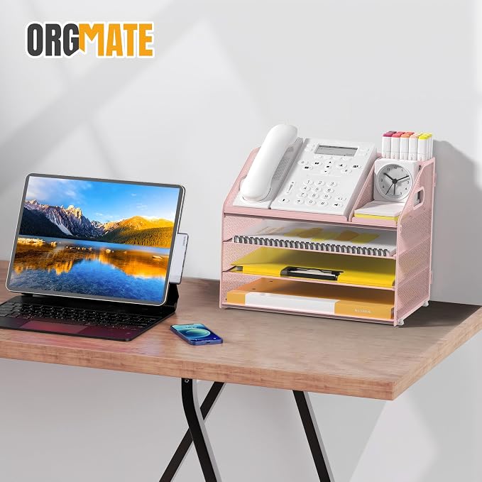 4 Tier Mesh Desk Organizer with Pen Holder and Handle Letter Tray | Metal desktop document shelf and paper sorter. Premium mesh workspace storage for office, home, and classroom