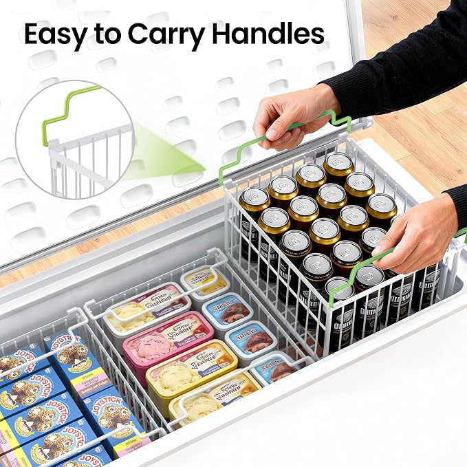 Freezer Organizer Bins, 3 Pack Enlarged Baskets for 5-9 Cu.FT Deep Freezer | Stackable Chest Freezer Organizer Bins, Foldable with Handles, White Storage Container Baskets for Sort Frozen Meats