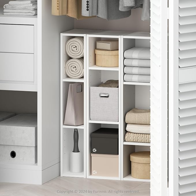 Furinno Reed 3-Tier Closet Organizers and Storage, Closet Organizer, Open Shelf Closet Storage, for Wardrobe, Bedroom, Living Room, 8-Inch Width, White