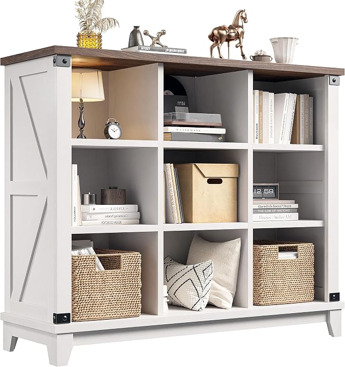 EnHomee Farmhouse 9-Cube Storage Organizer for Living Room, White | Home Organization Lovers, Wood & Metal, Holds 386 Lbs, Anti-Tip & Stabilizers