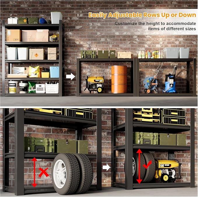 Garage Shelving, Heavy Duty Storage Shelves, Adjustable Boltless Units | Metal Shelving with Double Layer Posts, Industrial Steel Shelving for Garage Basement Warehouse Kitchen, Black, 63H*45W*16D