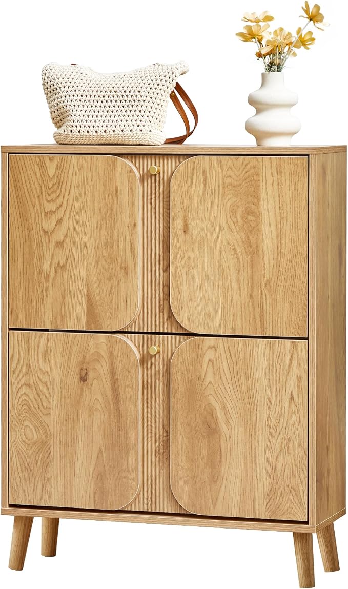 BERRYMERRY Natural Shoe Cabinet with 2 Flip Drawers Fluted Recessed | narrow,entryway,16 pairs shoe,shoe organize,hidden shoe rack,fluted panel,wave pattern,wood,space saving