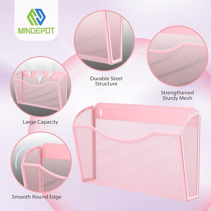 MINDEPOT Wall File Organizer, Hanging Wall File Holder, 3 Pack, Pink | Heavy Duty Iron, Metal Mesh Wall Mount, Single Pocket, Mail Organizer, for Office School Classroom Home, Letter A4 Size