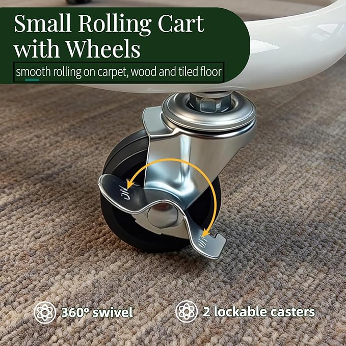 2 Tier Under Desk Storage Cart with Wheels Heavy Duty Metal Short Rolling Pantry Storage Cart for Small Space, Utility Trolley for Kitchen Bathroom Laundry Cute Snack Craft Organizer, White