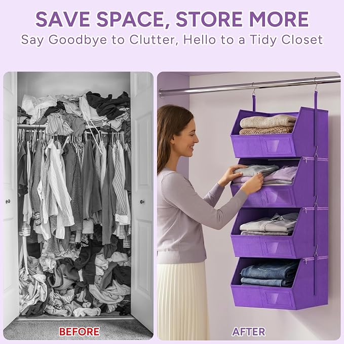 2 Pack 4-Tier Hanging Closet Organizer, Detachable Hanging Storage Shelves with Reinforced Side Panels, Hanging Closet Organizer for Clothes, Sweaters, Towels, Socks & Accessories, Purple