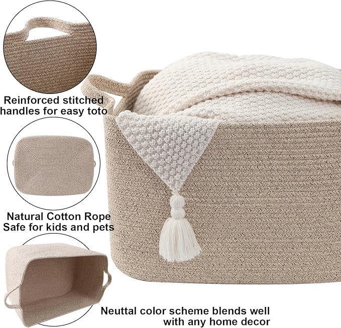 65L Collapsible Woven Rope Laundry Basket with Handles,Brown | 21x16x12 Foldable Rectangular Blanket Basket for Toys, Clothes & Pillows,Ideal for Nursery, Bathroom, Bedroom, Living Room