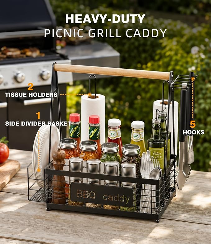 Grill Caddy BBQ Organizer for Grilling Tools & Supplies | paper towel & foil holder, fits 8" plates, removable wood handle, for camping, patio, Kitchen, Picnic, RV