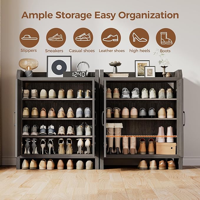 Shoe Cabinet Storage for Entryway, Natural Rattan Shoes Cupboard, Wooden Shoe Rack with Doors and Shelves, Farmhouse Boho Wood Shoe Organizer Cabinet for Hallway Black