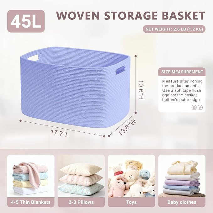 45L Small Woven Laundry Basket Hamper with Handles, Blue Purple | collapsible wicker hamper, storage for dirty clothes, toys, blankets, gifts, living room, bedroom, bathroom, 18"x14"x11"