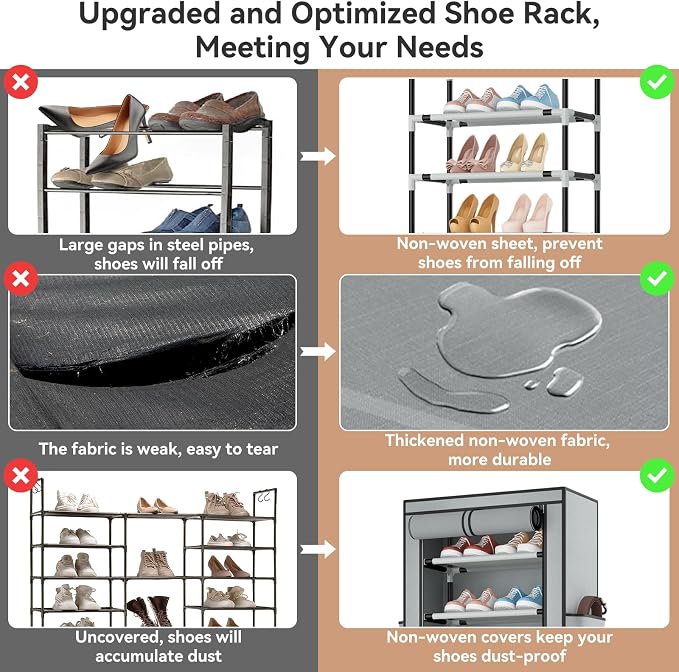 ROJASOP Shoe Rack with Covers 10 Tier Large Shoe Organizer Tall Shoe Closet Storage for 20-22 Pairs Shoe and Boot, Free Standing Shoe Rack Organizer for Closet, Entryway, Bedroom, Grey