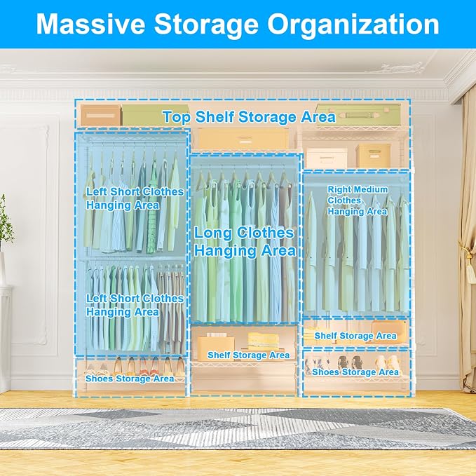 E13C Heavy Duty Closet Organizer System，Freestanding Clothing Racks for Hanging Clothes，Adjustable Garment Rack 63" W x 16" D x 77" H Hold 960 lbs，White Clothing Rack with White Dustproof Cover