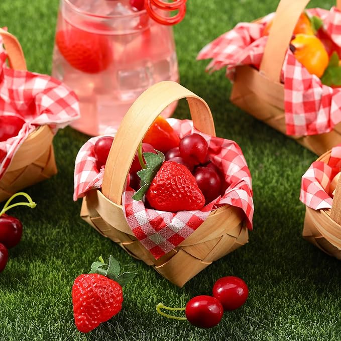 24 Pcs Summer Mini Woven Picnic Basket Party Favor Red White Gingham Paper Napkins Wood Chip Mini Flower Fruit Picnic Basket Chip for Summer Wedding Party Baby Shower Decoration (Medium)
