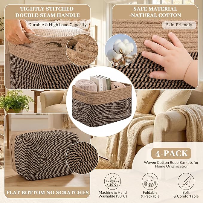 OIAHOMY 4 Pack Storage Basket, 13"x9"x7.8" Cotton Rope Baskets for Shelves, Closet Organizer for Bedroom & Living Room, Soft Decorative Bins for Organizing Towels, Books & Toys, Brown & Black