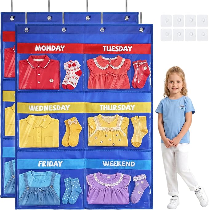 Alphatool 2 Pcs Weekly Clothes Organizer Hanging Closet Storage for Kids | 37" x 28" Large Capacity, Monday to Weekend Labels, Over Door / Wall Mount for School Outfits and Kids Room Organization