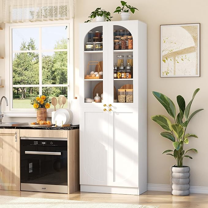 Cyclysio 80" Kitchen Pantry, Tall Arch Storage Cabinet with Tempered Glass & Soft Close Doors, Freestanding Wood Floor Cupboard Bookcase with Seamless Fit Wall for Dining Room, Living Room, Bathroom