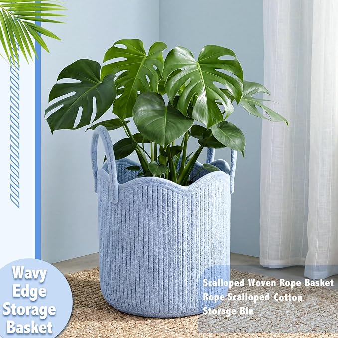 Newtay Blue Scalloped Woven Blanket Basket 12" x 12" x 12" Cotton Rope Laundry Basket Hamper Cute Round Decorative Storage Bin with Handles for Baby Nursery Living Room Bedroom Bathroom