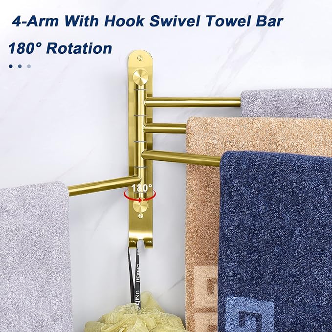 NearMoon Swivel Towel Rack, 13.8" Thicken 304 Stainless Steel 4-Arm Towel Bar, Space Saving Wall Mounted Towel Holder with Hook, Rustproof Swing Out Towel Hanger for Bathroom, Kitchen (Brushed Gold)
