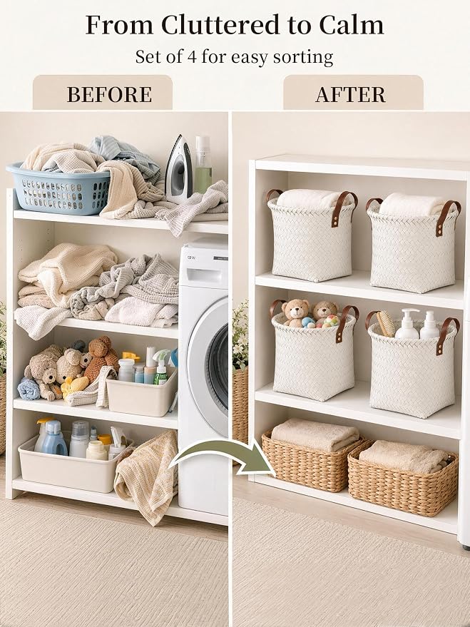 Wicker Storage Baskets, 4 Pack Woven Baskets for Shelves, White | PP Rattan, Water-resistant Wicker Basket, Large Baskets with Faux Leather Handles for Blanket, Laundry Organizer, Room Decor